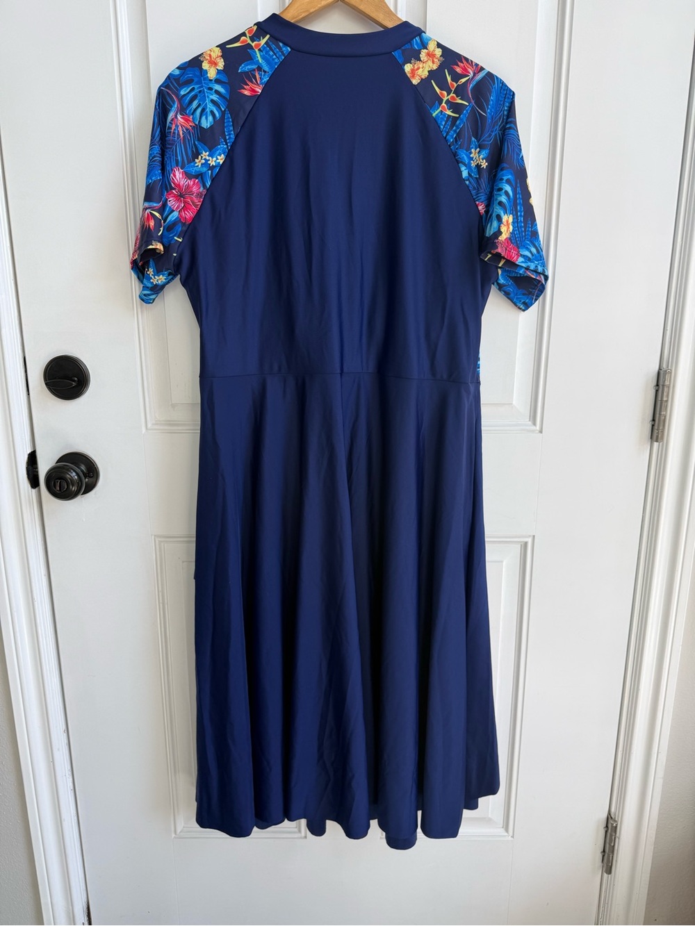 Swim Dress Navy Floral Short Sleeve Zip-Front Shorts Modest Beachy Tropical - Picture 2 of 16